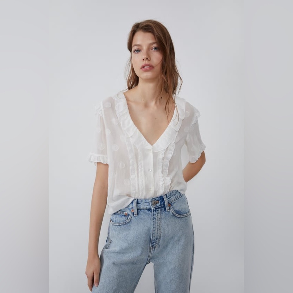 NWT ZARA ruffled sheer dot White V-Neck Top S